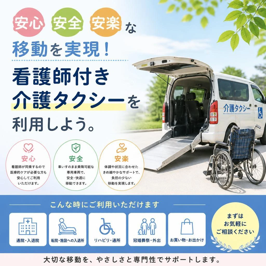 安心・安全・安楽な移動を実現！看護師付き介護タクシーを利用しよう。