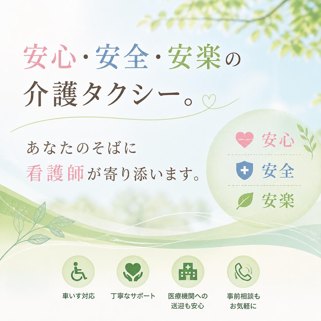安心・安全・安楽の介護タクシー。あなたのそばに看護師が寄り添います。
