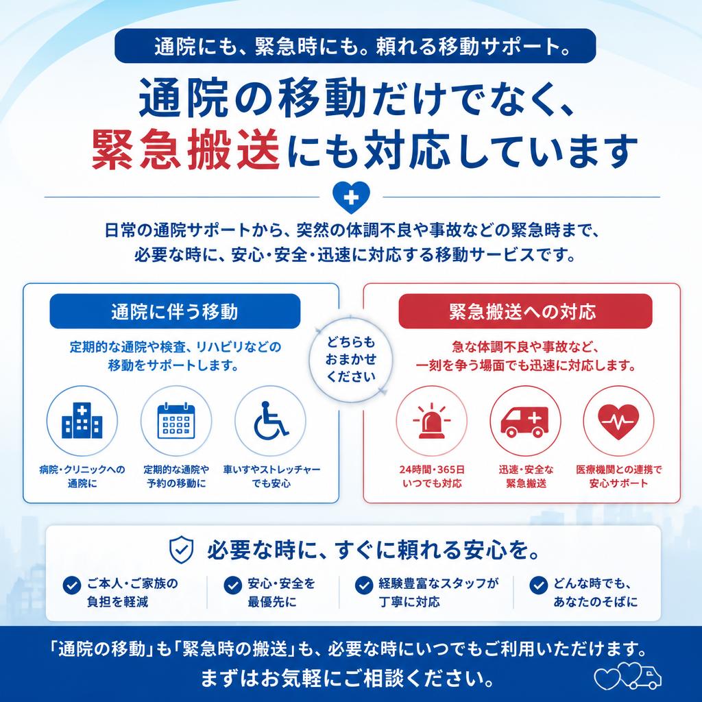 通院はもちろん、緊急搬送にも対応！