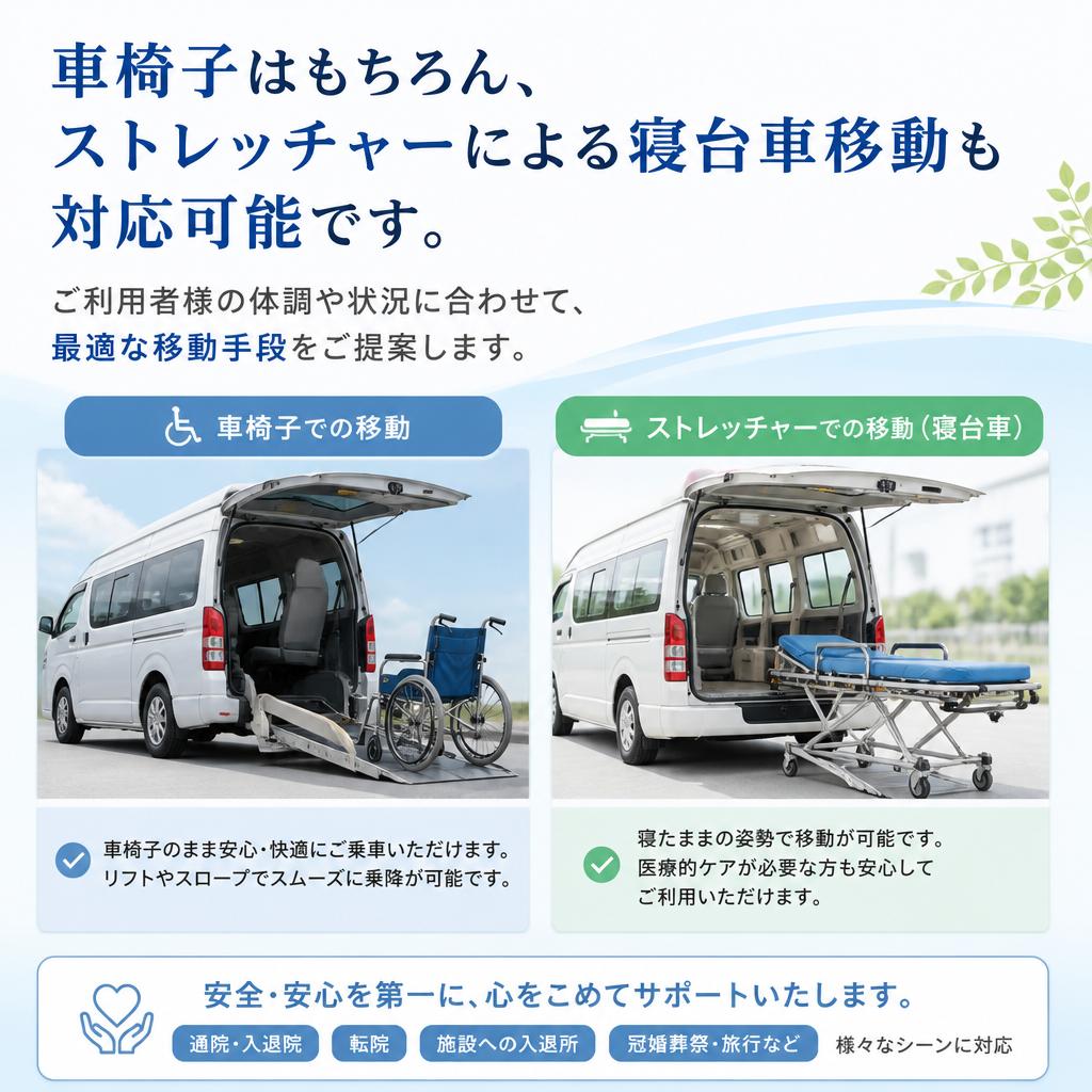 多様なニーズに応える移動手段｜ストレッチャー・車椅子対応
