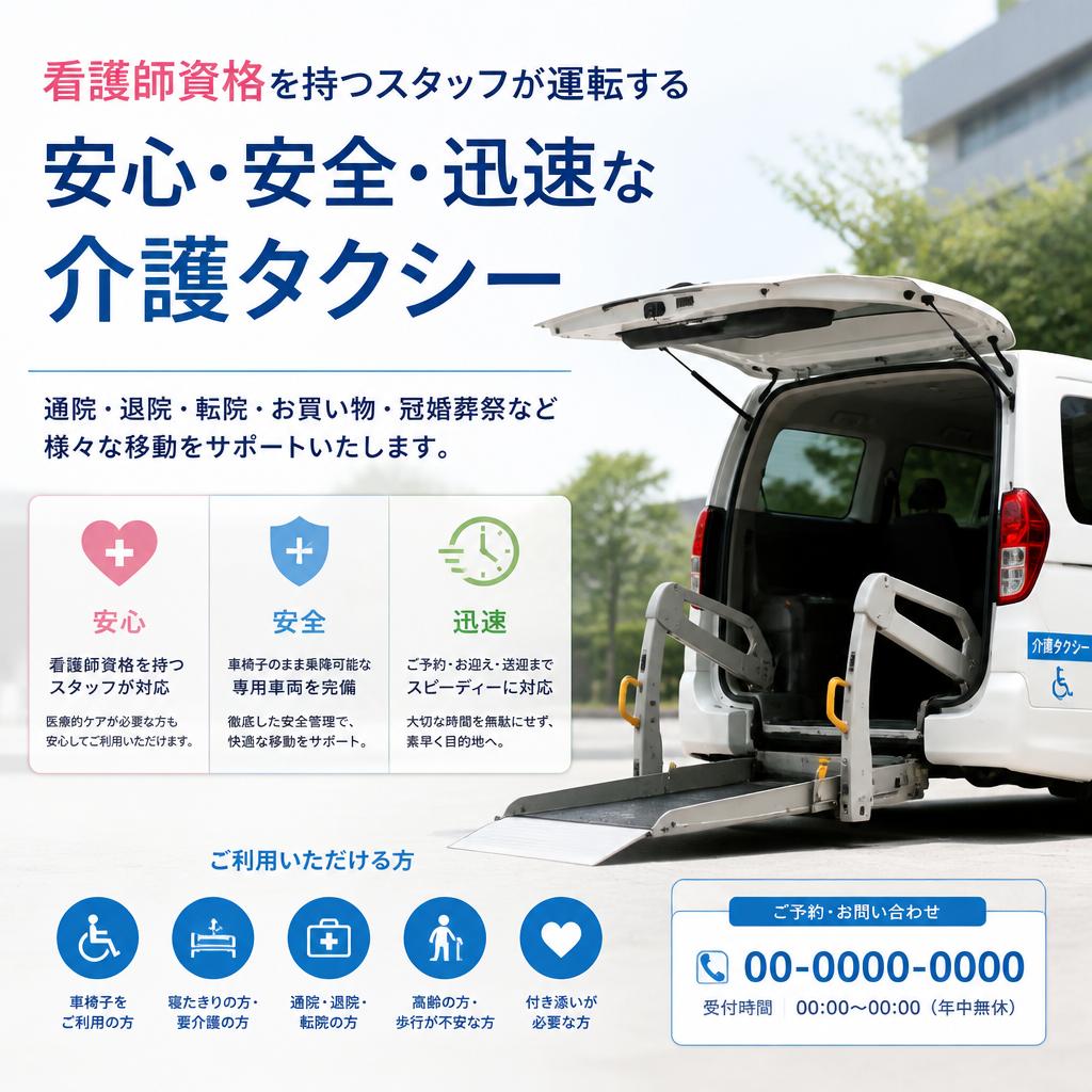 看護師資格を持つスタッフが運転する安心・安全・迅速な介護タクシー