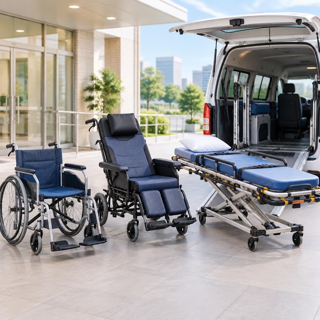 車椅子もストレッチャーも。寝たままの移動に対応